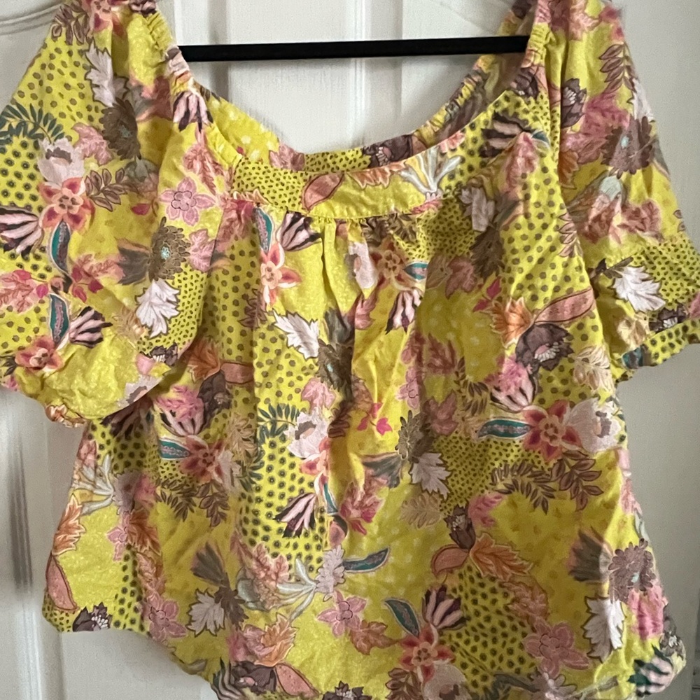 LOFT Ruffled Smocked Yellow and Pink Blouse